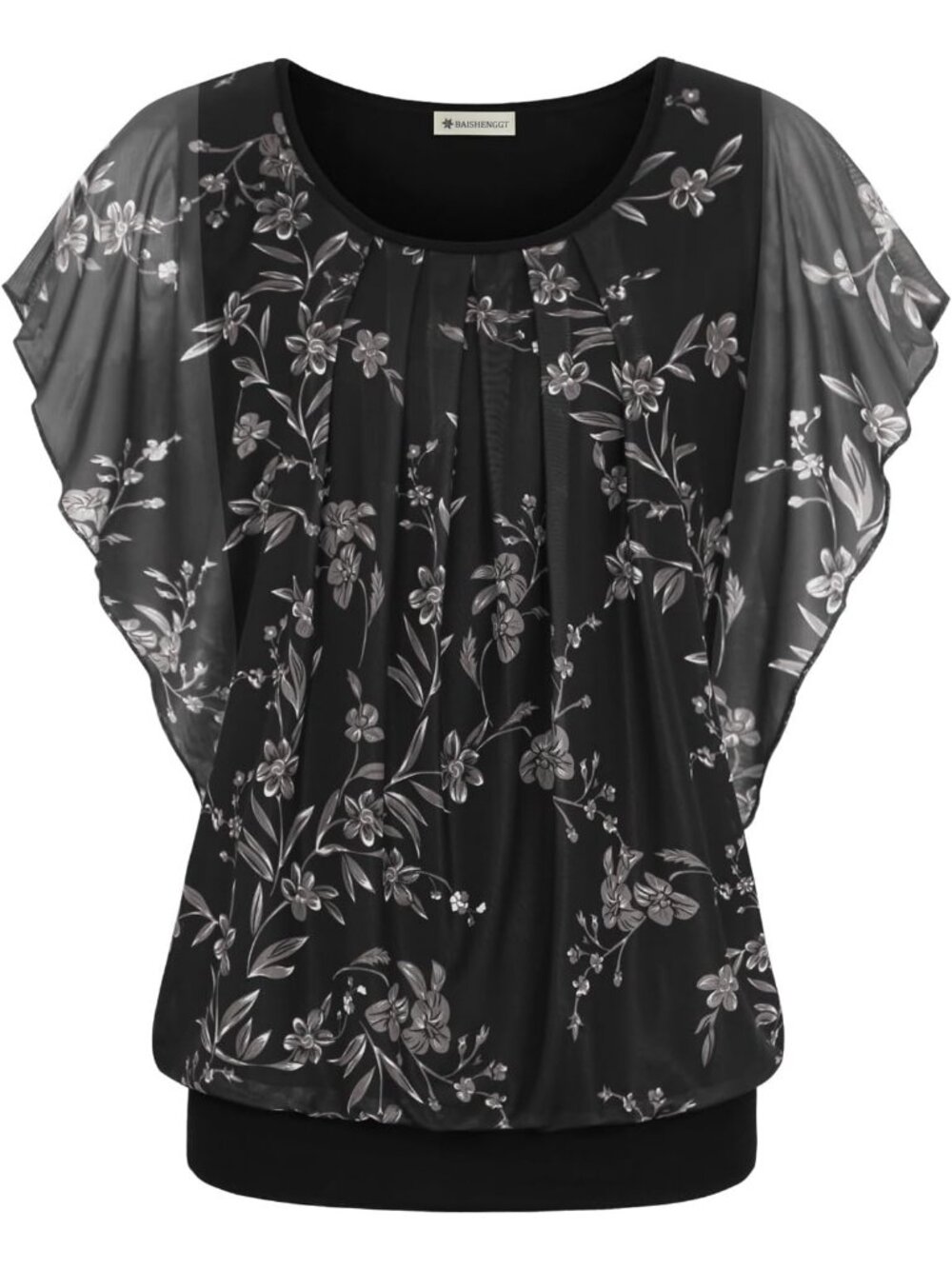Women's Black White Floral Summer Tops Flutter Short Sleeve Casual Blouses Shirt